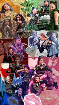 the collage shows many different people dressed in costumes and holding umbrellas, with one woman