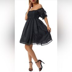 Puff Sleeve Tulle Princess Dress For Women Off Shoulder Square Neck Fairy Mini Dress Party Dress Brand New With Tags A-line Puff Sleeve Dress With Ruffles For Party, Puffy Mini Dress For Party, Black Organza Dresses For Prom, Spring Party Puff Sleeve Dress With Bubble Hem, Ruffled Bubble Dress For Party, Fitted Bubble Hem Party Dress, Fitted Bubble Hem Dress For Party, Black A-line Puff Sleeve Dress For Evening, Party Bubble Dress With Ruffles