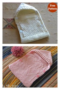 two knitted sweaters and a flower on a table with text overlay that says free pattern