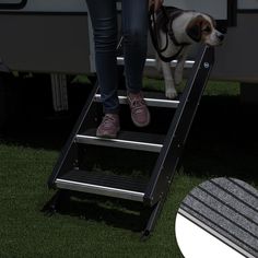 a woman standing on top of a step ladder next to a dog in front of a trailer