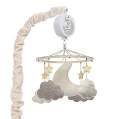 a baby crib mobile with stars hanging from it's sides and the moon on top