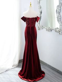 Wine Red Mermaid Velvet Long Party Dress Red Fitted Dress For Banquet, Fitted Red Dress For Banquet, Elegant Red Mermaid Dress For Party, Fitted Burgundy Dress For Banquet, Fitted Holiday Banquet Dress, Fitted Holiday Dress For Banquet, Holiday Banquet Fitted Dress, Red Mermaid Dress For Evening Party Season, Red Mermaid Dress For Party