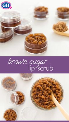 Create this DIY Brown Sugar Lip Scrub, a spa-worthy stocking stuffer, with only three ingredients! Just mix brown sugar, olive oil and vanilla extract for a sweet, exfoliating homemade lip scrub that’s perfect as a festive party favor. Sugar Body Scrub Recipe, Diy Brown Sugar, Homemade Lip Scrub, Spa Baths, Lip Scrub Recipe, Lip Scrub Homemade, Body Scrub Recipe, Lip Scrub Diy