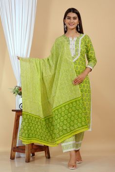 Impress Everyone With Your Stunning Look By Wearing this gorgeous Ethnic Set. The Trendy Work & Designs Speak A Language Of Elegance And Felinity, Using The Finest Quality Fabrics And Is Trendy Fashionable As Well As Comfortable. It Is Light In Weight And Will Be Soft For Your Skin. A Pretty Kurta To Wear At Parties, Functions Or Just Casually Which Is Stylish & comfortable To Wear For Women Or This Kurti And You Will Be A Fashion Statement Every Time With Brand Of Satvi Creations. # Pure Sanganeri Hand Block Printed Product.  # Inside The Package :: 1-PC COTTON HAND WORKED LONG JAIPUR DESIGNER TOP (KURTI) , 1-PC COTTON BOTTOM(TROUSER), WITH PURE COTTON STOLE(DUPATTA).  # Wash Care :: Gentle machine wash cold with similar colors, Color may bleed, Tumble dry low, Warm iron. DISCLAIMER: Slig Jaipur Kurti, Kurti Sets, Summer Temperature, Colors Of Nature, Kurti Pant, Kurtis With Pants, Dupatta Set, Nature Green, Cotton Bottoms