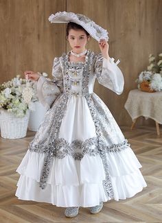 Kids Victorian Dress, White Winter Costume Party Dress, White Princess Dress With Ruffles For Costume Party, White Ball Gown For Costume Party, Princess Style White Dress For Fancy Events, White Princess Dress For Spring Costume Party, White Princess Dress With Ruffles For Fancy Dress, White Princesscore Dress For Dress-up, White Ball Gown For Fancy Dress