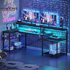 a gaming room with neon lights and video games on the shelves, along with other items