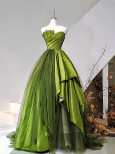 Enchanting Emerald Green Couture Ball Gown, Asymmetrical Satin Fitted Green A-line Strapless Dress, Green A-line Wedding Dress, Green Tulle Party Dress, Green Tulle Dress For Party, Fitted Green Organza Ball Gown, Green Organza Evening Dress For Prom, Green Sleeveless Corset Dress For Wedding, Green Sweetheart Neckline Evening Dress, Green Fitted Ball Gown Evening Dress