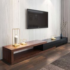 a flat screen tv mounted to the side of a wooden shelf in a living room