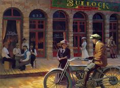 a painting of a man riding a bike in front of a building with people sitting on the sidewalk