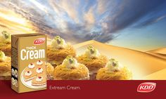 an advertisement for kdd's ice cream with desert scene in the background