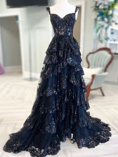 Item Descriptions: Product Code: DE416Silhouette: A-lineLength: Floor LengthFabric: Tulle, SequinBack Style: ZipperBuilt-In Bra: YesShown Color: Black If you need rush order... Navy Blue Prom Dress, Black Lace Prom Dress, Black Dress Formal, Prom Dress Inspiration, فستان سهرة, Custom Size Dresses, A Line Prom Dresses, Prom Dresses Lace, Prom Dresses Blue