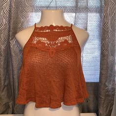 Super Cute Cami. Amber/Rust Color. New With Tags. See Through As Shown In Pictures Casual Open Knit Tank Top For Fall, Vacation Tops With Knit Fabrication And Stretch, Stretch Knit Tops For Vacation, Casual Soft Knit Vacation Tops, Vacation Stretch Knit Tops, Casual Soft Knit Tops For Vacation, Knit Tops For Vacation In Fall, Summer Knitted Top For Day Out, Chic Brown Knit Top For Summer