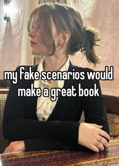 a woman sitting at a table with her arms crossed and the caption reads, my fake sanrios would make a great book