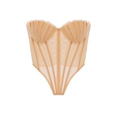 Expertly crafted with a delicate shell pattern, this bustier top features pleated detailing and a sheer mesh design. Its strapless style and lace-up back provide a comfortable and flattering fit. Available in a soft apricot hue, perfect for adding a touch of elegance to any outfit. Fabric: Medium Stretch Material: Organza (Polyamide) Party Corset With Built-in Bra In Beige, Elegant Nylon Corset With Built-in Bra, Summer Sleeveless Corset With Sheer Bodice, Elegant Nylon Corset With Corset Back, Sheer Bodice Nylon Corset, Elegant Beige Corset With Built-in Bra, Fitted Bandeau Intimate With Boned Bodice, Party Underwire Nylon Corset, Underwire Nylon Corset For Parties