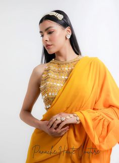 Mustard Yellow Color Ruffled Saree – Panache Haute Couture Designer Pre-draped Yellow Saree, Traditional Yellow Ruffled Sharara, Yellow Designer Wear Pre-draped Saree, Yellow Pre-draped Designer Saree, Yellow Georgette Pre-draped Saree With Pallu, Elegant Yellow Saree With Mirror Work, Festive Yellow Ruffled Sharara, Gold Pre-draped Saree With Cutdana In Georgette, Yellow Chinon Pre-draped Saree