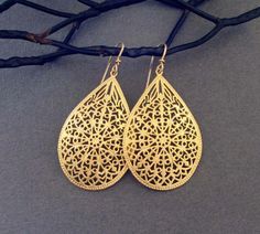 Large Gold Filigree Earrings Gold Teardrop Dangle Earrings with 12k Gold Filled Ear Wires Handmade A Gold Teardrop Earrings With Intricate Design, Gold Teardrop Earrings With Intricate Design As Gift, Elegant Gold Teardrop Earrings For Festive Occasions, Filigree Teardrop Chandelier Earrings, Teardrop Filigree Chandelier Earrings, Ornate Teardrop Earrings As Gift, Gold Teardrop Chandelier Earrings For Festive Occasions, Festive Filigree Teardrop Earrings, Festive Teardrop Filigree Earrings