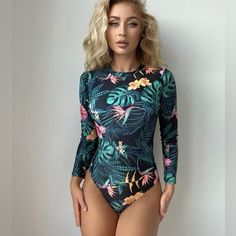 Long Sleeve Swimsuit Open Back Swimsuit Tropical Print Swimsuit Backless Swimwear, Beach Bathing Suits, Long Sleeve Swimsuit, Floral One Piece Swimsuit, Floral One Piece, Swimsuit Women, Sport Swimwear, Women Swimsuits, Bathing Suit