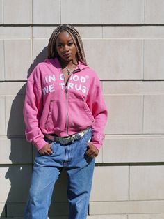 This Angelic IN GOD WE TRUST hoodie in Pink/White features a distressed embroidery print, perfect for a stylish and trendy look. Applique Embroidery Bible Verse embroidered on sleeve 450 Gsm for quality and durability Custom zipper for added detail Oversized Hood for comfort and style Ships in 1-3 weeks for your convenience Gurl model is 5'7 145 lbs wearing a size medium Guy model is 5'10 185 wearing a size medium Hoodie Fabric, In God We Trust, Buy One Get One, Pink Hoodie, Male Models, Brunei, Black Hoodie, Georgia, How To Wear