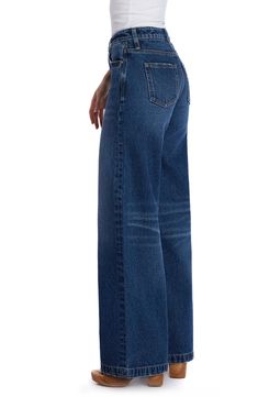 Effortlessly cool and casual-chic, these nonstretch jeans flaunt a high waist and full-length wide legs that create a dramatic silhouette. 32" inseam; 24" leg opening; 10 1/2" front rise Zip fly with button closure Five-pocket style 100% cotton Machine wash, tumble dry Imported Chic Medium Wash Full-length Flare Jeans, Chic Medium Wash Full Length Flare Jeans, Chic Full Length Flare Jeans In Medium Wash, Chic Full Length Medium Wash Flare Jeans, Modern High Rise Dark Wash Flare Jeans, Modern High Rise Denim Blue Flare Jeans, Modern High-rise Denim Blue Flare Jeans, Chic Full-length Jeans With Five Pockets, Modern Wide-leg Flare Jeans