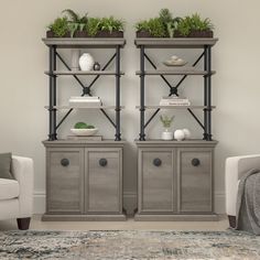 two gray bookcases with plants on them