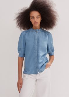 The versatility of a denim shirt is translated to ME+EM's Blue Chambray Blouse, crafted from lightweight cotton in a chambray-blue hue for a new take on the wardrobe staple. Ankle Sleeve, Simple Texture, Feminine Blouses, Boyfriend Blazer, Fabric Tape, Now And Forever, Cotton Blouses, Blue Blouse, Blue Hues