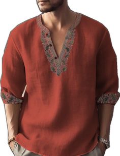 Red Printed V-neck Shirt, Bohemian Crew Neck Shirt For Vacation, Casual V-neck Kurta For Summer, Red Bohemian Shirt For Spring, Red Tunic Tops For Fall, Red Fall Tunic Top, Casual Embroidered Summer Kurta, Traditional V-neck Fall Tops, Red Summer Tunic Top