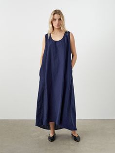 "Easily the most relaxed summer dress out there. Offered in medium-weight and exclusive linen. If you're interested in a knee-length option, check our dress OLIVIA. STYLE DETAILS * Relaxed fit * Scoop neck * Trapeze silhouette * Sleeveless * Side pockets * Maxi length, longer at the back * French seams inside * Made from medium-weight and exclusive linen. SIZES & COLORS IN THE PICTURES * Model is wearing size L in Midnight Blue (medium) linen. Model's height - 176 cm (5'9\"), bust - 83 cm (32.7\ Spring Sundress In Linen With Relaxed Fit, Spring Maxi Dress Relaxed Fit Unlined, Spring Relaxed Fit Unlined Maxi Dress, Relaxed Fit Unlined Sundress Maxi Dress, Blue Relaxed Fit Linen Summer Dress, Relaxed Fit Maxi Linen Dress For Summer, Casual Summer Maxi Dress For Everyday, Summer Linen Dress With French Seams For Daywear, Spring Dresses With Slip Pockets Relaxed Fit