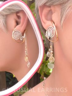 Gold & Silver unpierced earrings non-pierced by UnusualEarrings Spiral Ear Cuff, Elegant Dangle Clip-on Ear Cuff, Elegant Spiral Ear Cuff, Dangle Clip-on Ear Cuff For Gift, Gold Dangle Ear Cuff Single Earring, Unique Single Clip-on Earring In Metal, Unique Gold Dangle Clip-on Earrings, Elegant Clip-on Dangle Ear Cuff, Elegant Spiral Single Ear Cuff