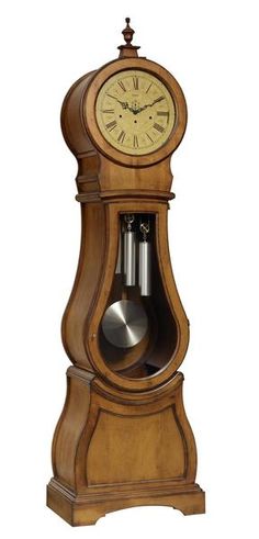 an old wooden grandfather clock with pendulums on the front and sides, isolated against a white background