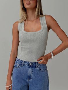 Issues Top Grey Polly Grey, Scooped Neckline, Corsets And Bustiers, Ribbed Tank Top, Denim Blouse, Top Graphic Tees, Ribbed Tank, Tops Fall, Good Stretches