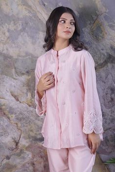 Peach shirt embroidered with resham and beads in floral motifs. Paired with pant and inner. - Aza Fashions Elegant Spring Kurta With Dori Work, Elegant Straight Kurta Top For Designer Wear, Resham Embroidery Pant Set With Straight Kurta, Elegant Designer Wear Straight Kurta Top, Spring Wedding Kurta With Mirror Work, Designer Resham Embroidery Pant Set For Spring, Elegant Spring Sets With Mirror Work, Elegant Spring Straight Kurta Tops, Designer Mirror Work Tops For Eid