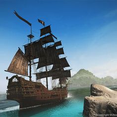 Animated Pirate Ship Floating in the Ocean