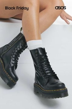 Boots by Dr. Martens Boots season is back Pull tab for easy entry Zip-side fastening Lace-up front Round toe Signature contrast stitching Chunky sole Moulded tread Jadon Hi Dr Martens, Combat Boots Aesthetic, Dr Martens Jadon Hi, Jadon Hi, Christmas List Inspo, Cute Black Boots, Hi Boots, Black Dress Boots, Martin Shoes