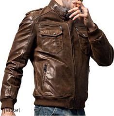 2 hand pockets warm up cold hands. 2 zippered chest pockets(keep essentials safely stowed and close at hand like phone and ID papers), 2 internal pocket offer great storing for many items like wallet,phone or cards #jacket #leatherjacket #leathermenjacket #menjacket #cutejacket Brown Leather Motorcycle Jacket, Leather Hoodie, Brown Clothing, Black Down, Leather Jacket Outfits, Men's Leather Jacket