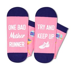 FUNNY RUNNING SOCKS: These pink running socks feature running shoes, sports clothes, a sports watch, water bottles, a stopwatch, and a baseball cap. The phrase "ONE BAD MOTHER RUNNER TRY AND KEEP UP" is also featured on the soles of the socks. EXTENSIVE COVERAGE: Fits a vast range, covering women's shoe sizes 6-12 and sock sizes 8-13. Each exclusive gift box contains one pair of funny socks. DELUXE COMFORT: This premium cotton blend offers a soft, stretchable embrace for most calves. GREAT GIFTS Comfortable Running Socks Sweat Resistant, Comfortable Sweat Resistant Running Socks, Comfortable Sweat-resistant Running Socks, Sporty Breathable Socks For Workout, Sporty Gym Socks, Comfortable Sporty Socks For Sports, Breathable Athleisure Socks For Workout, Sweat Resistant Gym Socks Athleisure, Sporty Pink Socks For Sports