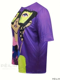 Peilia - Premium Quality Womens Plus Size T-Shirt: Elegant Cartoon Girl Print with Short Sleeves, Round Neckline, Medium Stretch and Loose Fit Purple Short Sleeve Top With Character Print, Purple Character Print Short Sleeve Top, Stretch Crew Neck Top With Cartoon Print, Trendy Stretch Purple T-shirt, Trendy Purple Stretch T-shirt, Fitted Multicolor Tops With Cartoon Print, Fitted Multicolor Cartoon Print Tops, Purple Cartoon Print Tops For Spring, Purple Crew Neck Top With Cartoon Print