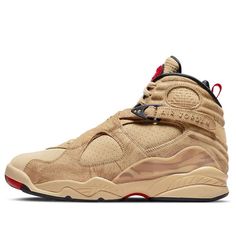 A look at the Nike Air Jordan 8 Retro SE reveals a sneaker that is both stylish and comfortable. This shoe was designed for NBA athlete Rui Hachimura and features a tan suede upper with perforated detailing and tonal patterned overlays. The 8's signature details remain intact, including the unique cross-strap design, printed mudguard, and chenille tongue patch, updated here in red with Rui's personal logo. The sneaker rides on a matching tan polyurethane midsole with encapsulated Nike Air cushioning in the forefoot and heel, providing superior comfort whether you're on the court or just running around town. So grab a pair of these stylish and comfortable sneakers today. (AJ8/SNKR/Basketball) Sports High-top Sneakers With Rubber Sole And Medium Fit, Sports High-top Sneakers With Comfort Fit And Rubber Sole, Leather High-top Jordan Shoes For Light Sports, Casual High-top Jordan Shoes For Outdoor, Medium Fit Lace-up High-top Sneakers For Sports, Urban Leather High-top Sneakers With Breathable Design, Urban Leather High-top Sneakers With Breathable Material, Urban Leather High-top Sneakers With Breathability, Leather High-top Breathable Sneakers