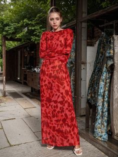 Olivia Mark - Lovely Long Sleeve Rose Printed Maxi Dress Ensemble Wedding Guest Outfit Long Sleeve, Wedding Guest Long Sleeve Dress, Autumn Wedding Guest Outfit, Rose Dress Outfit, Long Sleeve Wedding Guest Dress, Long Sleeve Maxi Dress Casual, Long Sleeve Wedding Guest Dresses, Red Long Dress, Stylish Maxi Dress