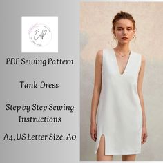 a woman standing in front of a wall wearing a white dress with the words ppf sewing pattern tank dress step by step instructions