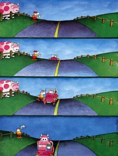 the three panels show cows crossing a road