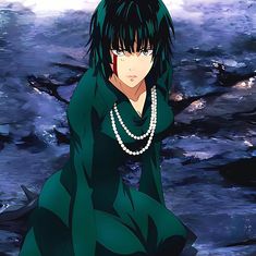 an anime character in a green dress with pearls on her neck and hands behind her back