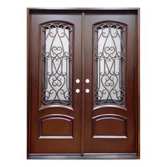 two doors with glass panels and wrought iron designs on the sides, both side by side