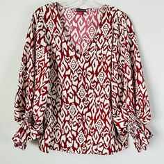 Vince Camuto Desert Summer Elegant Leopard Print Red Blouse Color: Red Cream Description:Pullover Cinched Wrist Ruffle Sleeve Fabric: Poly Approximate Across Measurement: Bust 20" Length 25" Sleeve 24" Great Condition Smoke Free Pet Free Storage Summer Elegant, Red Blouse, Red Blouses, Vince Camuto, Leopard Print, Top Blouse, Blouses, Product Description, Womens Tops