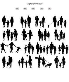 silhouettes of people walking with their dogs and children in different poses, all holding hands