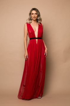 Sheer V-neck Evening Dress For Formal Occasions, Sheer V-neck Maxi Dress For Evening, Red Backless Evening Dress With Back Opening, Elegant Sheer Backless Evening Dress, Sheer Silk V-neck Dress, Formal Backless Tulle Dress, Evening Dress With Sheer Sleeves And Backless Design, Formal Sheer Tulle Gown, Elegant Tulle Dresses For Red Carpet