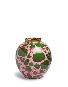 a pink and green vase with flowers on it