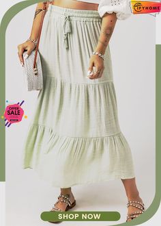 Green Drawstring High Waist Tiered Long Skirt Cotton Maxi Skirt With Drawstring And Relaxed Fit, Cotton Maxi Skirt With Drawstring, Cotton Drawstring Tiered Skirt, Casual Maxi Skirt With Elastic Waistband For Summer, Casual Skirt With Tie Waist For Summer, Cotton Tiered Skirt With Drawstring, Beach Cotton Skirt With Drawstring, Drawstring Skirt Bottoms For Spring, Spring Drawstring Skirt Bottoms