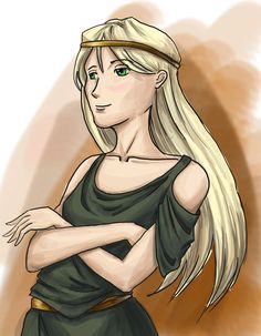 a drawing of a woman with long blonde hair wearing a green dress and gold headband