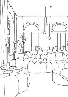 a line drawing of a living room with couches and tables in the center, as well as potted cacti