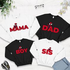 Suit up your family with our Spiderman Family Sweatshirt! This Spider Matching Crewneck set includes options for Spider Dad, Spider Mom, and the whole superhero squad. Perfect for birthday celebrations, themed events, or family photos, these custom sweatshirts make every moment special. Made with soft, high-quality fabric, they are comfortable and stylish, making them the ultimate gift for Spiderman fans. Celebrate in coordinated style and let your family's Spidey spirit shine with our customiza Family Matching Character Print Cotton Tops, Family Matching Red Tops With Letter Print, Family Matching Long Sleeve Tops With Character Print, Father's Day White Sweatshirt Gift, Family Matching Cotton Tops With Character Print, Family Matching Crew Neck Sweatshirt For Father's Day, Family Crew Neck Tops With Character Print, Customizable Family Matching Crew Neck Sweatshirt, Character Print Crew Neck Top As Gift